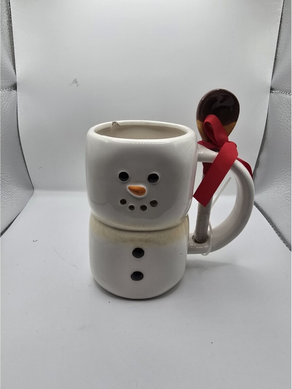 Earthware Christmas Snowman New 10 oz. White Ceramic Coffee Mug W/ Brown Spoon